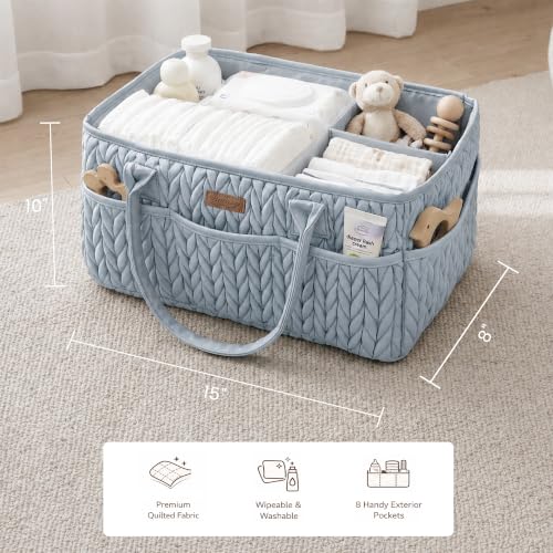 Konssy Baby Diaper Caddy Organizer, Braided Quilted Design with PU Handles - color: Baby Denim