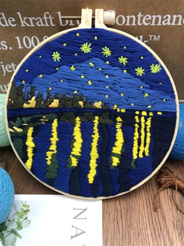 Meecaa Rhone Starry Sky Night Embroidery Kit Starter Set, Hand Embroidery Set,Pattern Printed Cross Stitch Set for Beginner Adults, with Embroidery Hoop and Instructions (Rhone Starry Sky) - color: Rhone Starry Sky