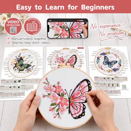 Meyocky Butterfly Flower Embroidery Kit for Beginners with Stitch Videos - color: Butterfly