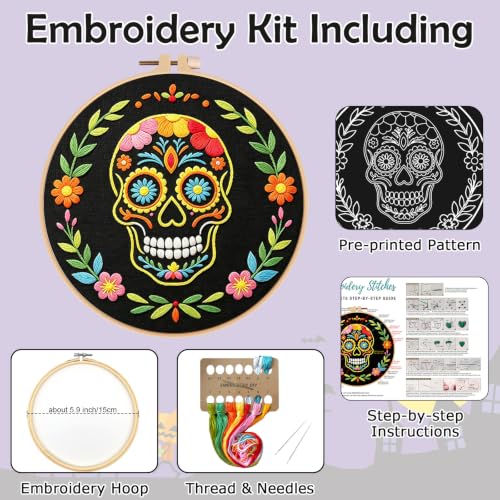 Nuberlic Sugar Skull Embroidery Kit for Beginners Adults Stamped Needlework - color: Sugar Skull