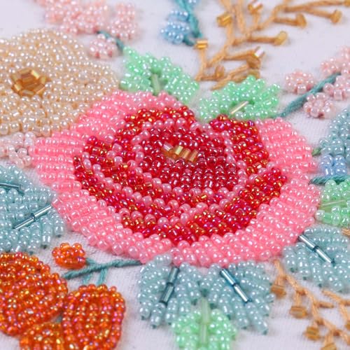 Harimau Bead Embroidery Kit for Adults, with Red and Pink Flowers, DIY Kit Includes Embroidery Beads, Thread, Stitch Book & Tambour Tools, Perfect Set for Starters - color: Orange