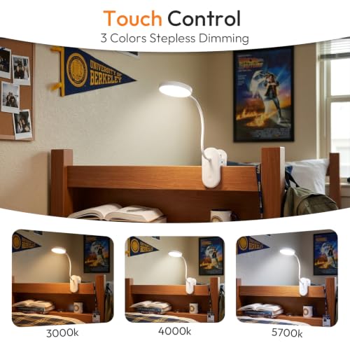 Clip on Light, Stepless Dimmable & 3 Colors Touch Control Clip On Bed Light. Dorm Room Essential 2600mAh Rechargeable Battery Powered Lamp. Flexible Clip On Lamp for Desk/Bedside/Headboard - color: White