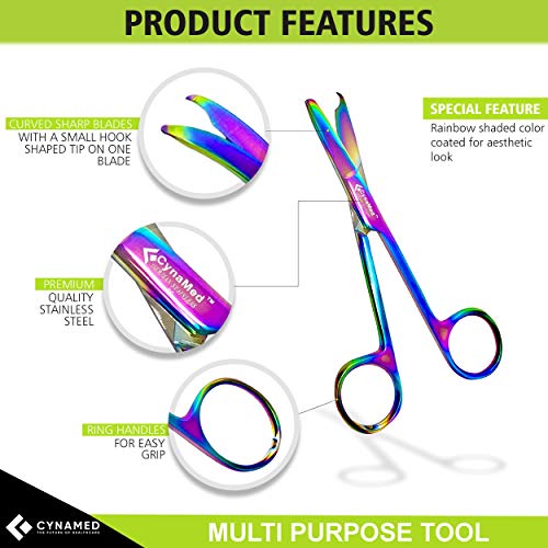 Cynamed Suture Stitch Scissors with Multicolor/Rainbow Titanium Coating - Premium Quality Instrument- Delicate Hook - Perfect for Suture Removal, First Aid, EMS Training and More (4.5 in. - Curved) - style: Curved Hook
