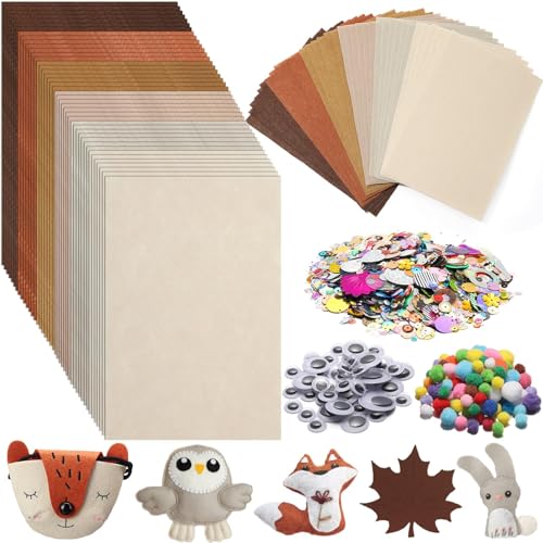 gisgfim 42Pcs Brown Felt Fabric Sheets Craft Kit 8 x 12 Inch Assorted Soft Thick Tan Felt Pack with Wiggle Google Eyes Pom Poms Glitter Patchwork Craft Supply for DlY Sewing Creative Art Project Decor - style: Brown Series