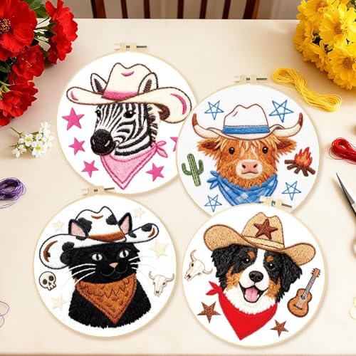 BEUNITONE 4 Set Embroidery Kit for Beginners, Animal Cowboy Patterns Cross Stitch Kits, Needlepoint Kits for Adults with Hoop, Cute Hand Embroidery Patterns for Cloth and Home Decor - style: A-Cowboy Animals