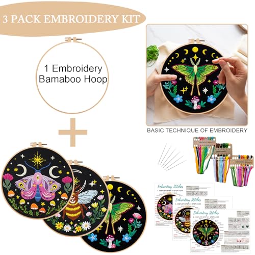 Nuberlic 3 Pack Embroidery Kit for Beginners, Moth and Bee Patterns - color: Moth and Bee