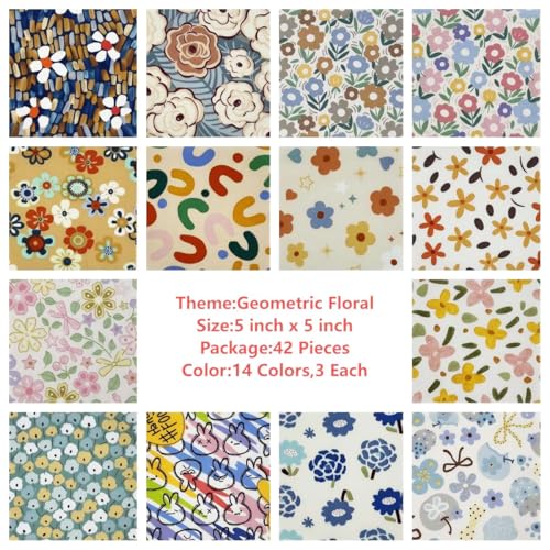 14 Colors Floral Cotton Fabric Squares - 42 Pcs 5x5 Inch Precut Quilting Bundle, 3 of Each Color | Retro Ditsy Print Charm Pack for Sewing, Patchwork & DIY Crafts - color: Color-6