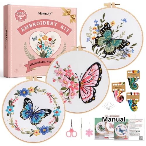 Meyocky Butterfly Flower Embroidery Kit for Beginners with Stitch Videos - color: Butterfly