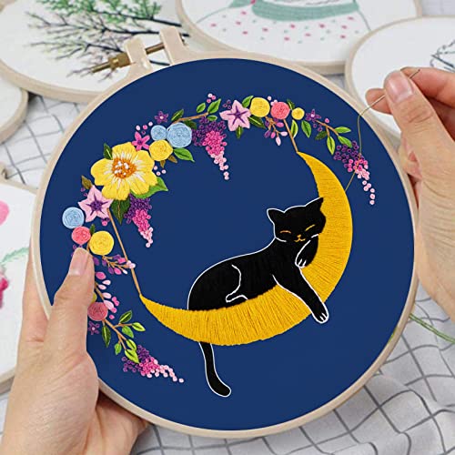 Louise Maelys Cat Moon Embroidery Kit for Beginners Floral Design - color: kit-12
