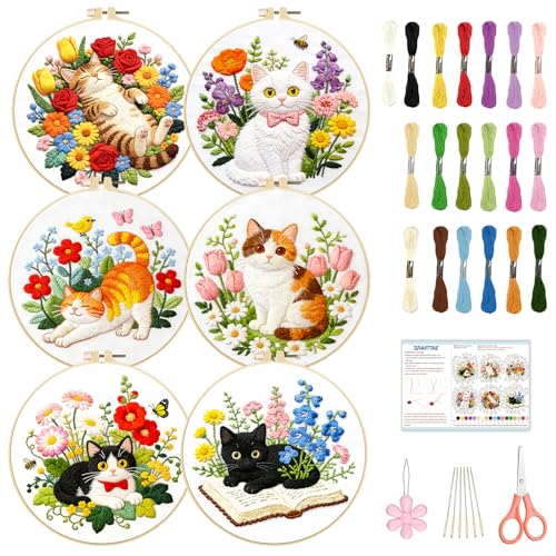 BEUNITONE 6 Set Cat and Flowers Embroidery Kit for Adults Beginners, Pre-Stamped Pattern Needlepoint Kits with Hoop, Tools, Instruction, Hand Embroidery Kits for Gifts, Fabric and Home Decor 7.9x7.9 - style: Cats Flowers