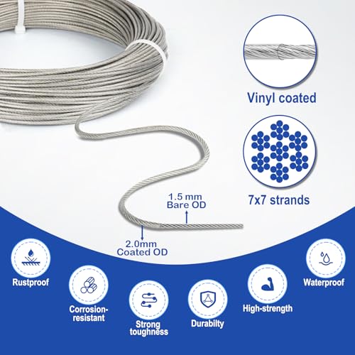 TooTaci Wire Trellis Kit, 50ft 1/16" Vinyl Coated Stainless Steel Wire Rope - style: 15M/2mm Stainless Steel Cable