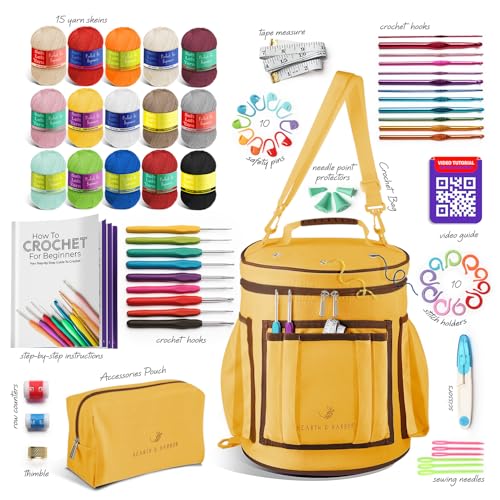 Crochet Kit for Beginners Adults and Kids - Beginner Crochet Kit for Adults with Step-by-Step Video Tutorials, Amigurumi and Crocheting Kit, Crochet Starter Kit with Soft Crochet Yarn and Crochet Bag - color: Mustard, style: Crochet Kit + Bag