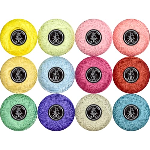 Double Mercerized Egyptian Long Staple Cotton Pearl Thread Ball 10 Grams Rainbow Color 12 Colors per Box for Crochet Hardanger Kniting Hand Sewing,Macaron Pastel CreamPalette - color: Macaron Pastel Cream Palette