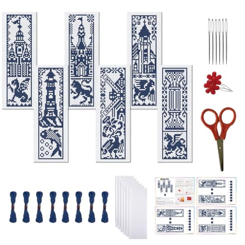 FREEBLOSS 6 Set Monochrome City Stamped Cross Stitch Bookmark Kits Cross Stitch Kit Embroidery Bookmarks Kit for Beginners with Backing Felt Embroidery Floss DIY Bookmark Kit for Book Lovers 8x2.4''