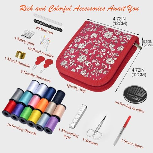 Sewing Kit Gifts for Grandma, Mom, Friend, Traveler, Adults, Beginner, Emergency,Sewing Supplies Accessories with Scissors,Sewing Needles Thimble, Thread,Tape Measure etc(Wildflower red, S) - color: Wildflower red, size: 1 Pack