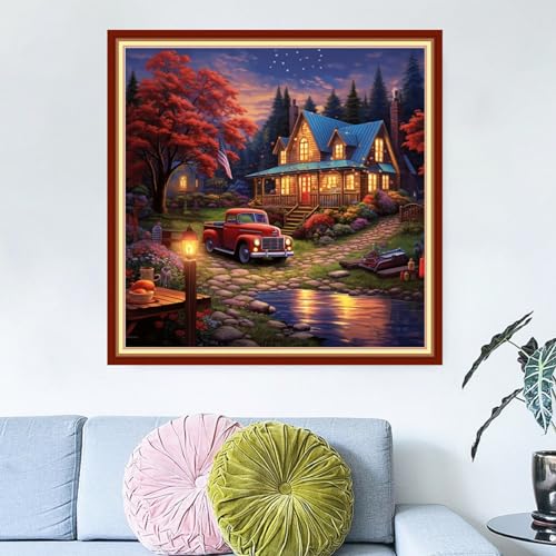 Dimensean Stamped Cross Stitch Kits Full Range of Embroidery Patterns Starter Kits for Beginners Adult DIY Cross Stitches Needlepoint Kits 11CT-Night View of the Cabin 18x18 inch - color: Arts kits 04