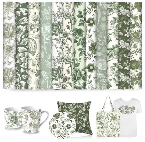 JarThenaAMCS 12 Sheets Green Floral Heat Transfer Vinyl HTV Iron on Vinyl Vintage Chinoiserie Flower Adhesive Vinyls for Clothing Costume DIY Fabric Crafts, 12 x 10 Inch - style: Green Floral
