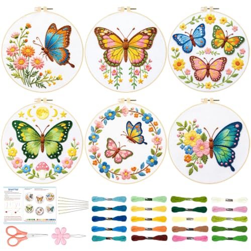 BEUNITONE 6 Set Embroidery Kit for Beginner Adults, Colorful Butterfly Floral DIY Cross Stitch Set with Stamped Pattern Hoops Threads Cloth Needles, Embroidery Starter Kit for Home Decor and Gifting - style: Butterfly