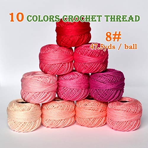 Crochet Thread 10 Balls Cardinal Size 8 for Crochet Hardanger Cross Stitch Needlepoint Hand Embroidery (Pink Series) - color: Pink Series