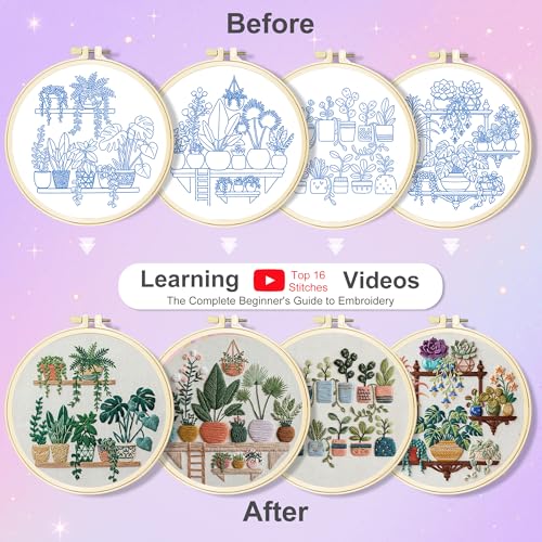Huacan Embroidery Kit for Adults Beginners with 4 Hoops & Gift Box - color: Potted Plants 2