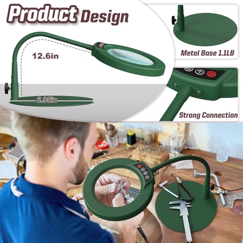 10X Magnifying Glass with Light and Stand, 5 Color Modes Stepless Dimmable LED Lighted Desk Lamp, Hands Free Flexible Gooseneck Magnifier with Light for Craft Hobby Painting Close Work - Green - color: Green, size: 10X-12.6in
