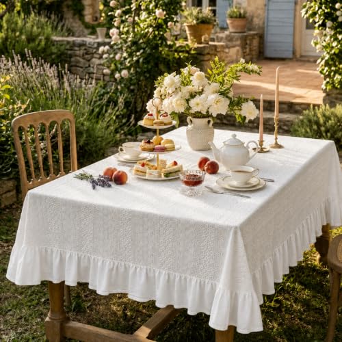 ARTMAGIC French Ruffled Cotton Tablecloth with Lace Decorative - size: 120" x 60" (Rectangular)