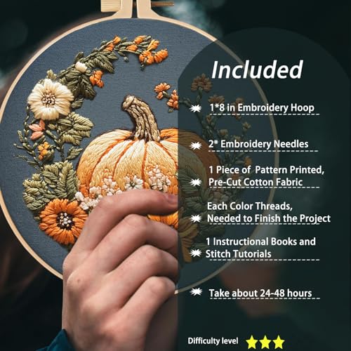 FONNUY Pumpkin Embroidery Kit for Beginners, Pre-Stamped Pattern Kits for Adults with Hoop, Easy to Follow Color Thread Needlework, 8'' Hoop (Yellow) - color: Yellow