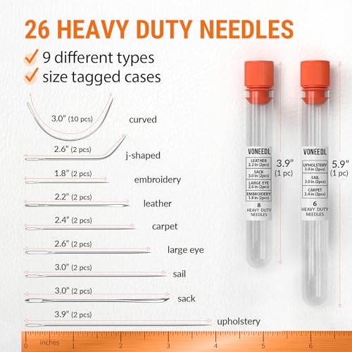 VONEEDL Heavy Duty Hand Sewing Needles Set - 26 Straight and Curved Hand Sewing Needles for Upholstery, Leather, Carpet, Canvas Repair and Sail Crafts - size: 26 Needles
