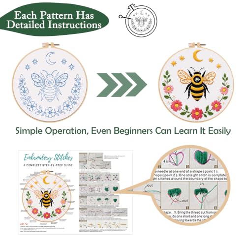 Nuberlic Embroidery Tote Bag Kit for Beginners with Bee Floral Pattern - color: bee2
