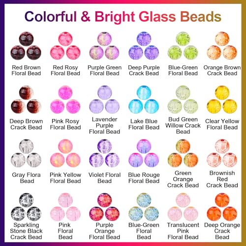 XSEINO About 1200+ PCS 6mm Cracked Style Glass Beads Bracelet Making Kit, 24 Assorted Colorful Crack Series Crystal Beads for Jewelry Making and DIY Crafts, Friendship Bracelets - color: Crack Glass Beads