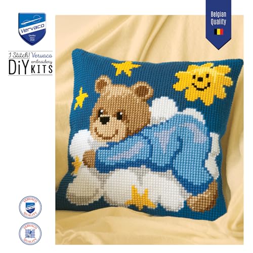 Vervaco Teddy Cushion Cross Stitch Kit - color: Blue