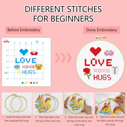 Zhenqing Love & Hugs Cross Stitch Kit for Beginners, 11CT Printed 20x20cm with 16cm Hoop, Heart Rose & Butterfly Embroidery Set(70839) - color: Love & Hugs
