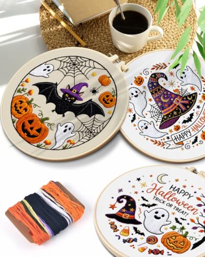 TINDTOP Halloween Embroidery Kit for Adult, 3 Pack Embroidery DIY Starter Kit, with Stamped Patterns, Hoop, Tools, Colorful Threads with Needles, Instructions - color: Halloween C