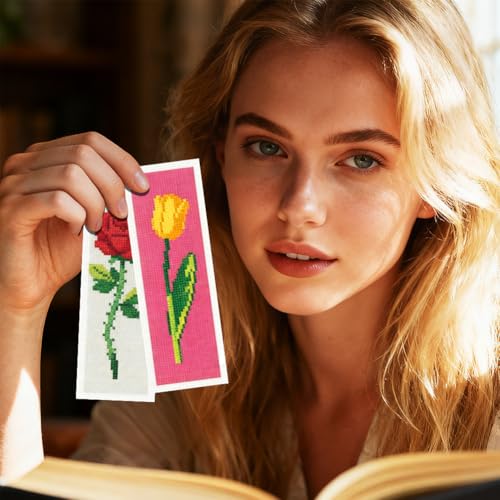 INFUNLY 6PCS Cross Stitch Bookmark Kit for Adults Rose Tulip Stamped Embroidery Bookmark Kit with Backing Felt Floss Instruction for Book Lovers Readers - style: Single Flower