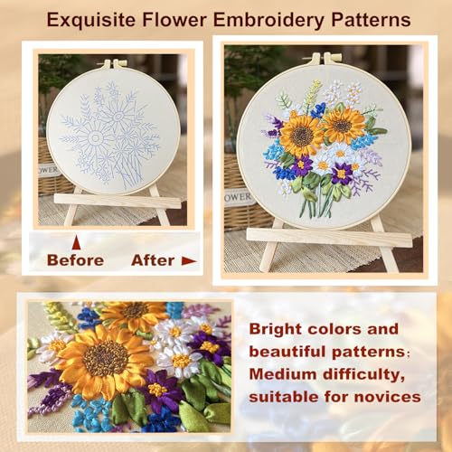 KLOSN 4 Sets Embroidery Kits for Beginners, Ribbon Embroidery Patterns & Easy Embroidery Stitches Kits, Needlepoint Kits for Adults, Beginners Embroidery Kits for Adult Include Video Tutorial