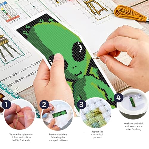 FREEBLOSS 6 Set Cross Stitch Bookmark Kits Alien Pattern Stamped Cross Stitch Kit 11CT Embroidery Kit with Instructions for Beginners 20x6cm/8x2.4inch - style: Alien