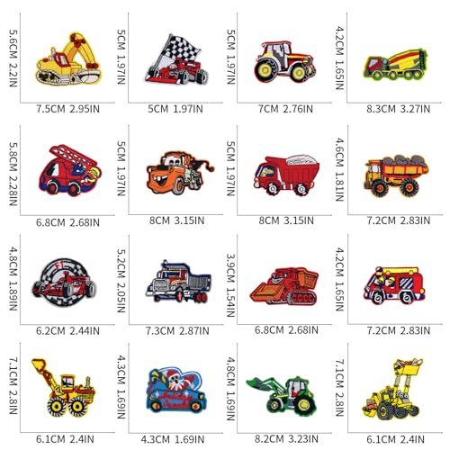 16pcs Truck Car Iron/Sew on Patches, Cute Cartoon Racing Embroidered Applique, Fashion Decoration for Clothes, Hat, Bag, Dress, Shirt, Jeans - color: 16pcs Truck Car