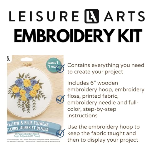 LEISURE ARTS Embroidery Kit 6" Yellow & Blue Flowers - Embroidery Kit for Beginners and Adults, Cross Stitch Kits with Patterns, DIY Starter Set for Seasonal Craft Projects
