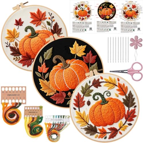Konrisa Pumpkin Embroidery Kits, Stamped Embroidery Starter Kit for Adult with Hoop,Needlepoint Cross Stitch Kit,Set of 3 - color: yellow pumpkin