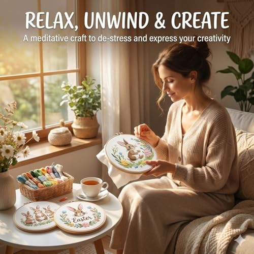 Draxion Embroidery Kit for Adult Beginners, 3 Pack Hand Easter Bunny Embroidery Starter Kit, Cross Stitch Needlepoint Kits with Hoop, Threads and Instructions