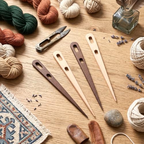 4pcs Tapestry Needles, Ymapinc Ergonomic Two-Eyed Yarn Weaving Needle, Multipurpose Nalbinding Needle for Knitting/Crochet, Walnut Wood Weaving Tools/Accessories