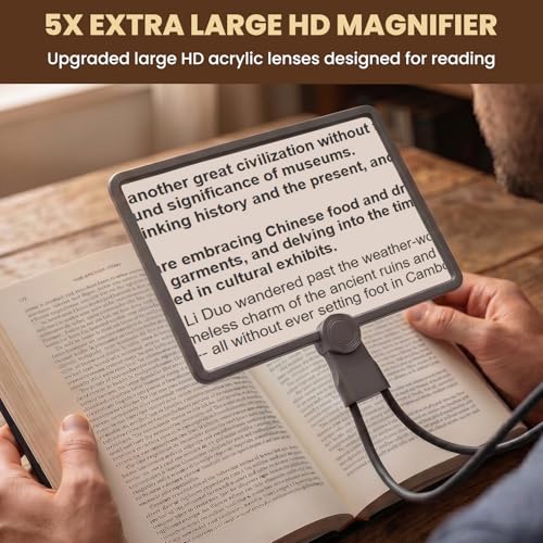 Neck Magnifying Glass with Light, 3-in-1 5X Magnification, 48 LEDs, Acrylic Lens, Adjustable Gooseneck, 3 Color Brightness Settings, Rechargeable, for Seniors Reading & Craft (Grey)