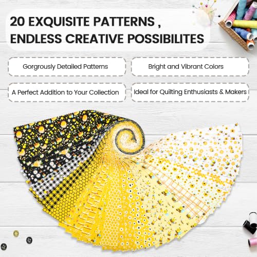 Craftido-20 Options-100% Cotton Jelly Roll Fabric Precut Strips for Quilting, Crafting, and Sewing, 40 Strips 2.5" x 44" Assorted Bundles for Rugs, Quilts, DIY Crafts and Home Decor-Honey Bees - color: Honey Bees