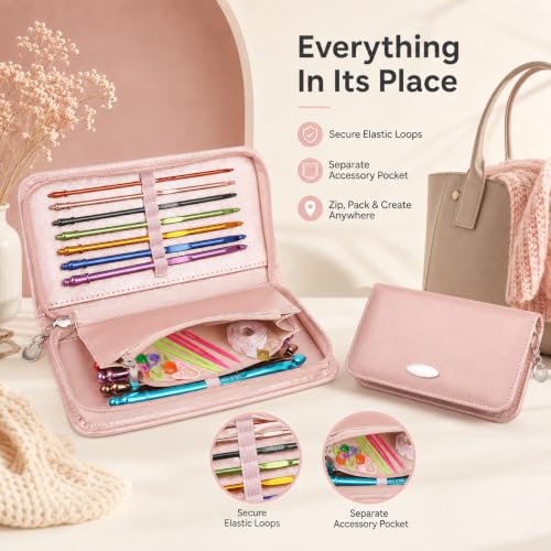 Coopay Crochet Hooks Set with Zipper Pouch, 16PCS Metal Crochet Needles - color: Pink