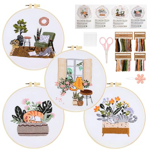 4 Sets Pussy Cat Embroidery Kit for Beginners with Tool Set Cat Pattern - color: Pussy Cat