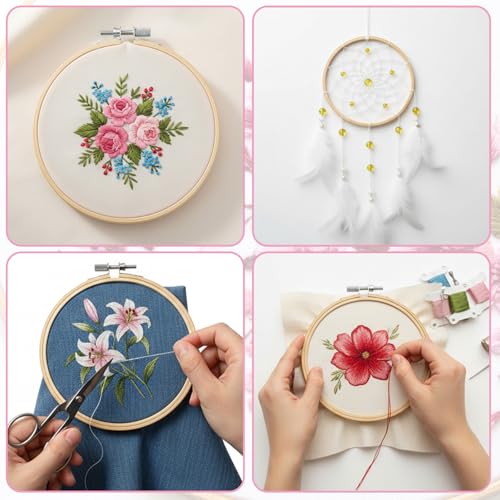 Sibba 6 Inch Wood Embroidery Hoop 5Pcs Cotton Fabric Squares