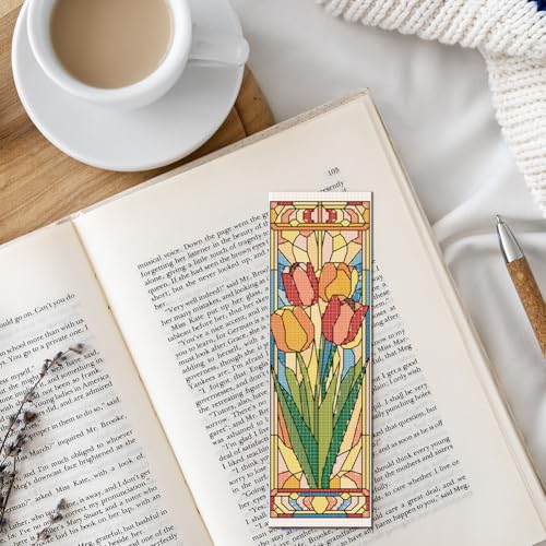 FREEBLOSS 6 Set Cross Stitch Bookmark Kits 8"x2.4" Colored Glass Flowers - style: Glass flower
