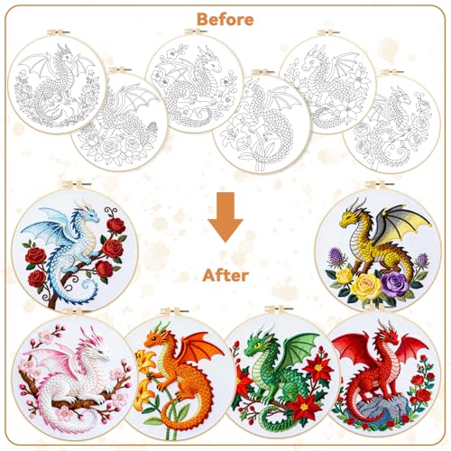 BEUNITONE 6 Set Embroidery Kits for Beginners with Dragon Pre-Print Pattern - style: Dragon