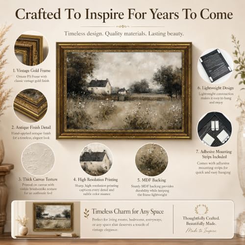 Vintage Gold Framed Wall Art - Moody Countryside Landscape Oil Painting Antique Farmhouse Cottage Wall Decor Ornate Framed Canvas for Living Room, Office & Entryway Rustic Pastoral Art 9x11in - color: garden, size: 11"L x 9"W
