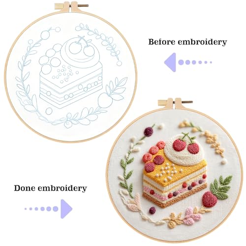 spicssa Embroidery Kit for Beginners Adults, Cross Stitch Kits with Pre-Stamped Patterns, 7.8-Inch Hoop, Threads & Needles, Step by Step Instructions, DIY Needlepoint Craft Women - color: Cake